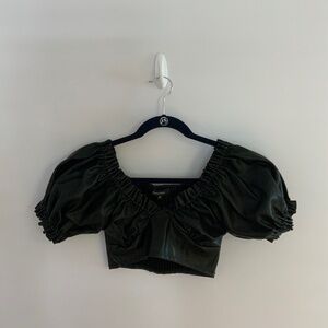 Olivaceous Faux Leather black Puff Sleeve Crop Top